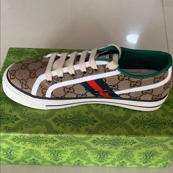 Gucci Brown GG Canvas Sneakers with Green Red Web - Picture 4 of 5